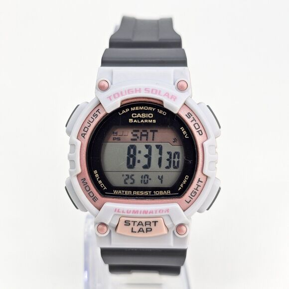 Casio Tough Solar Women Watch 35MM Pink White Case Gray Plastic Band New Battery - Picture 1 of 16